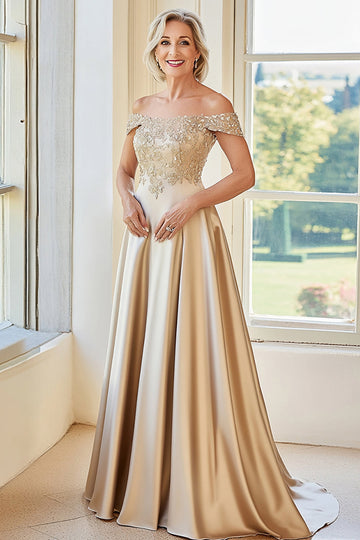 Elégant champagne à épaule dénudée Satin mat trapèze longue mère de la mariée avec broderie